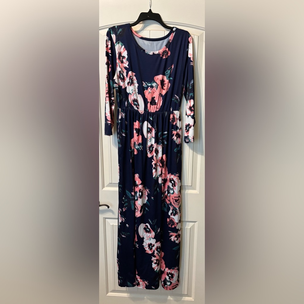 Navy Maxi Dress with Pink Floral Print